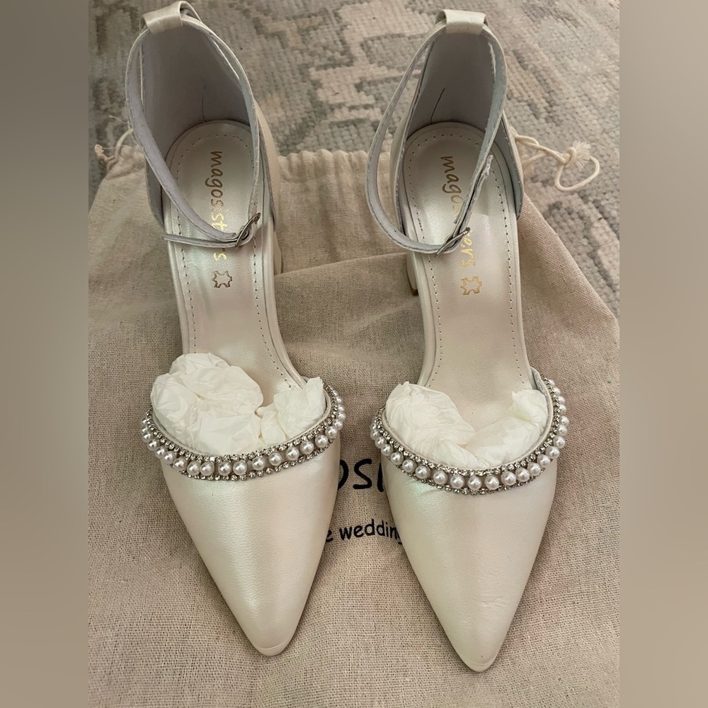 Mago Sisters Handmade Greece Block Heel White Leather Wedding D’Orsay Heels
